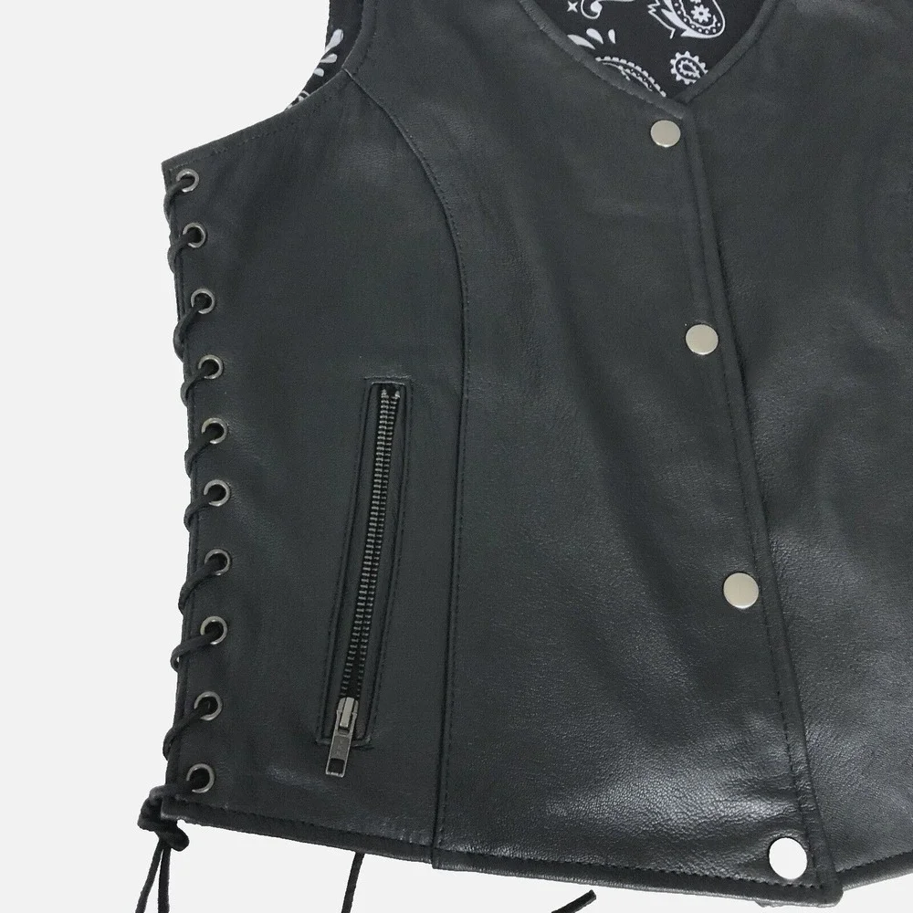 Unik Premium Women Sz M Black Leather Snap Front Vest Side Laces Paisley Liner - Picture 11 of 16